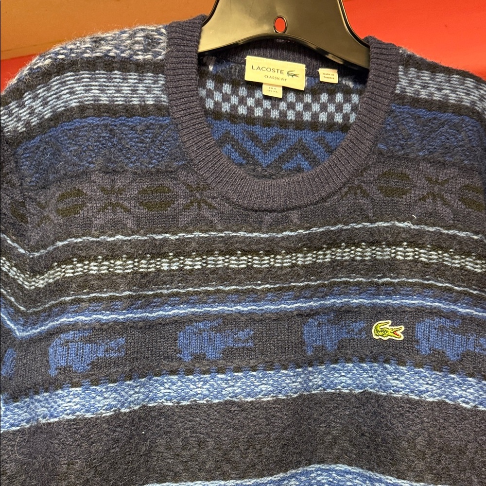 Lacoste Men's Blue Patterned Crewneck Sweater
